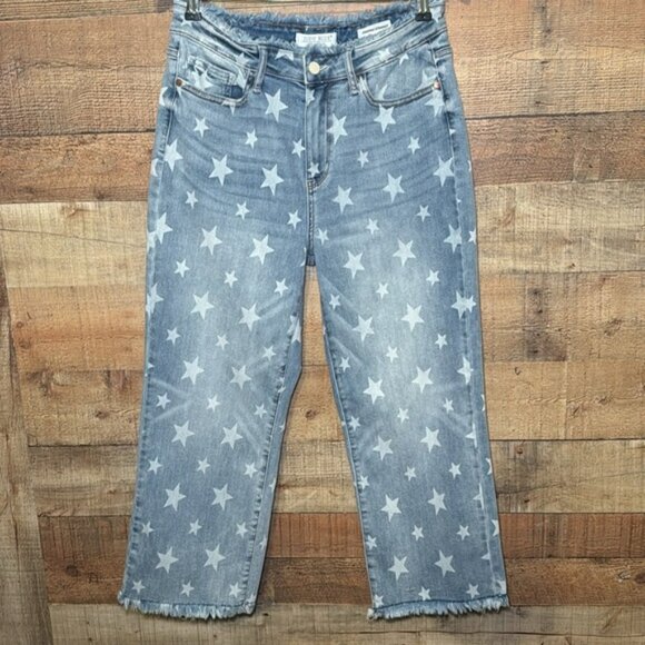 Judy Blue American Babe Star Print Cropped Straight Leg Jeans Women's Size 11/30 - Picture 1 of 11